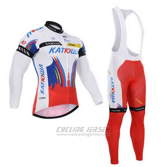 2015 Cycling Jersey Katusha White and Red Long Sleeve and Bib Tight